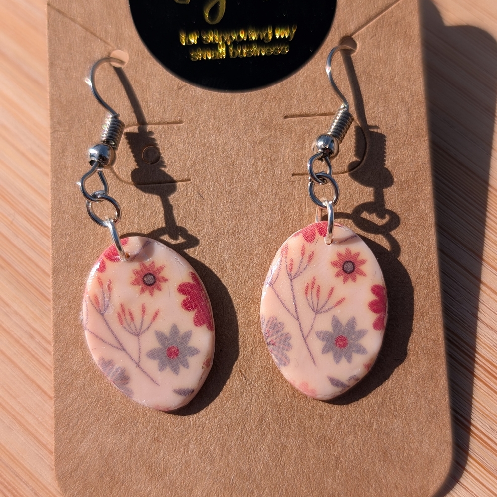 Cream and Pink Floral Ceramic Earrings